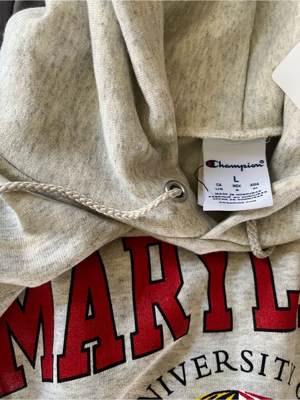 Champion Men's Heather Cream Hoodie with Red Graphic